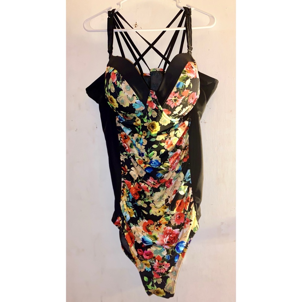 Floral and black one piece strappy bathing suit